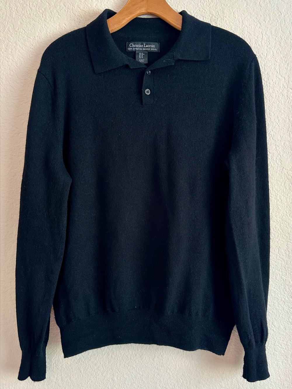 VTG Christian Lacroix Polo Sweater Mens Sz M Black 100% Fine Merino Wool Luxury
